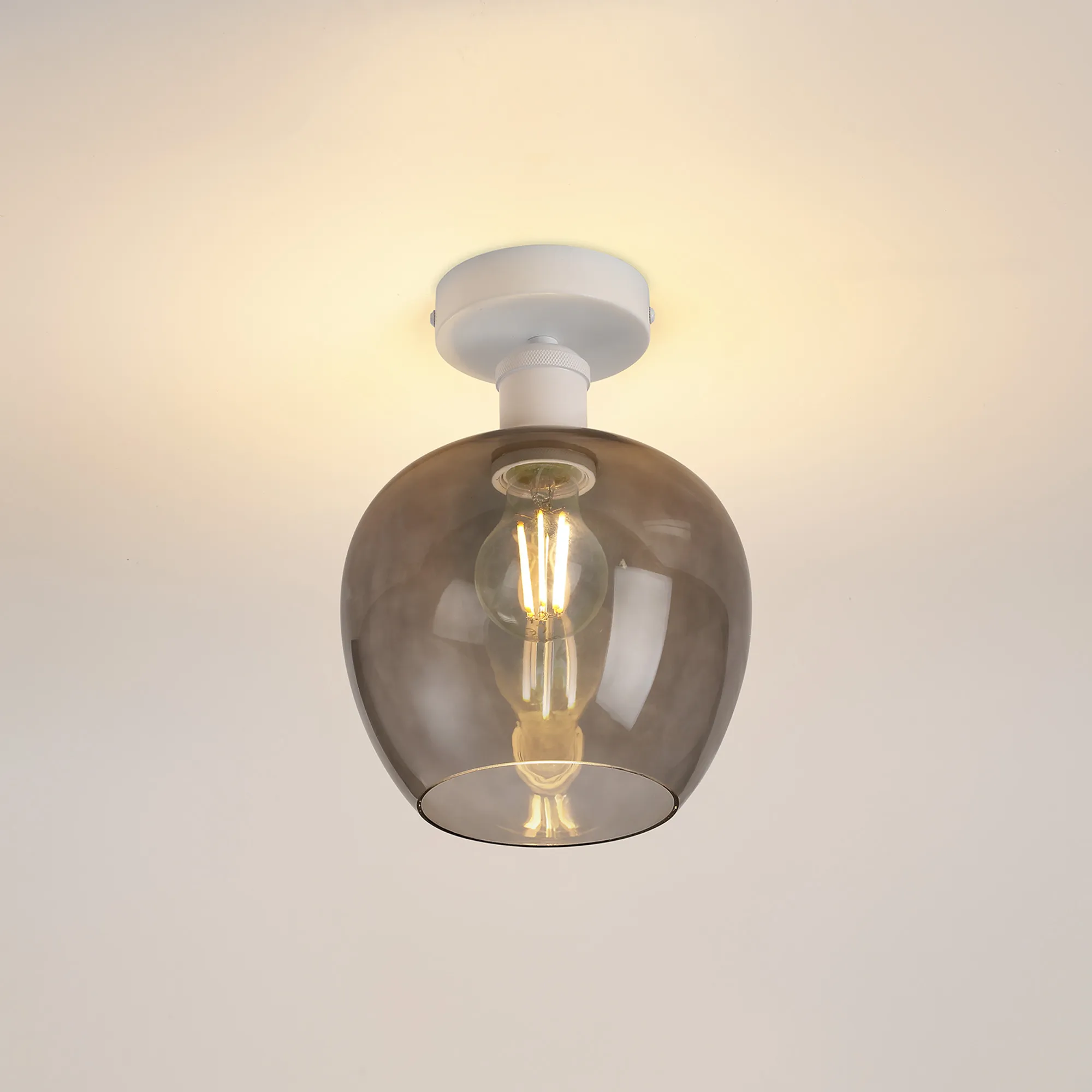 Cawdor Flush Fitting; 1 Light E27; Matt White/Smoke Wine Glass DK1124  Deco Cawdor